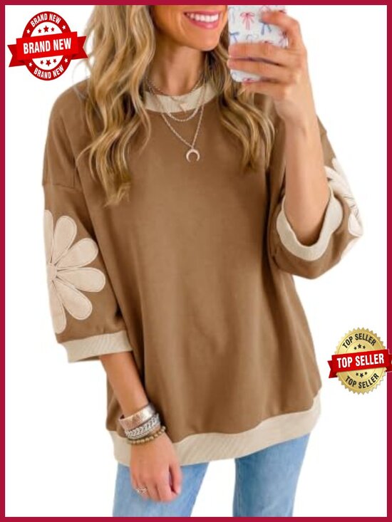 Sweaters - Womens 3/4 Sleeve Floral Patch Sweatshirt Oversized Pullover Top